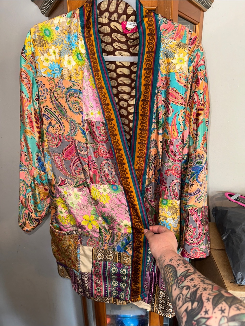 Boho Patchwork 100 % Silk Kimono Robe in Pink, Turquoise & Yellow